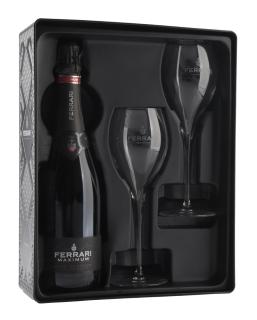 Ferrari, Trento DOC Black tin Gift box 1 fles Maximum Brut + 2 flûtes