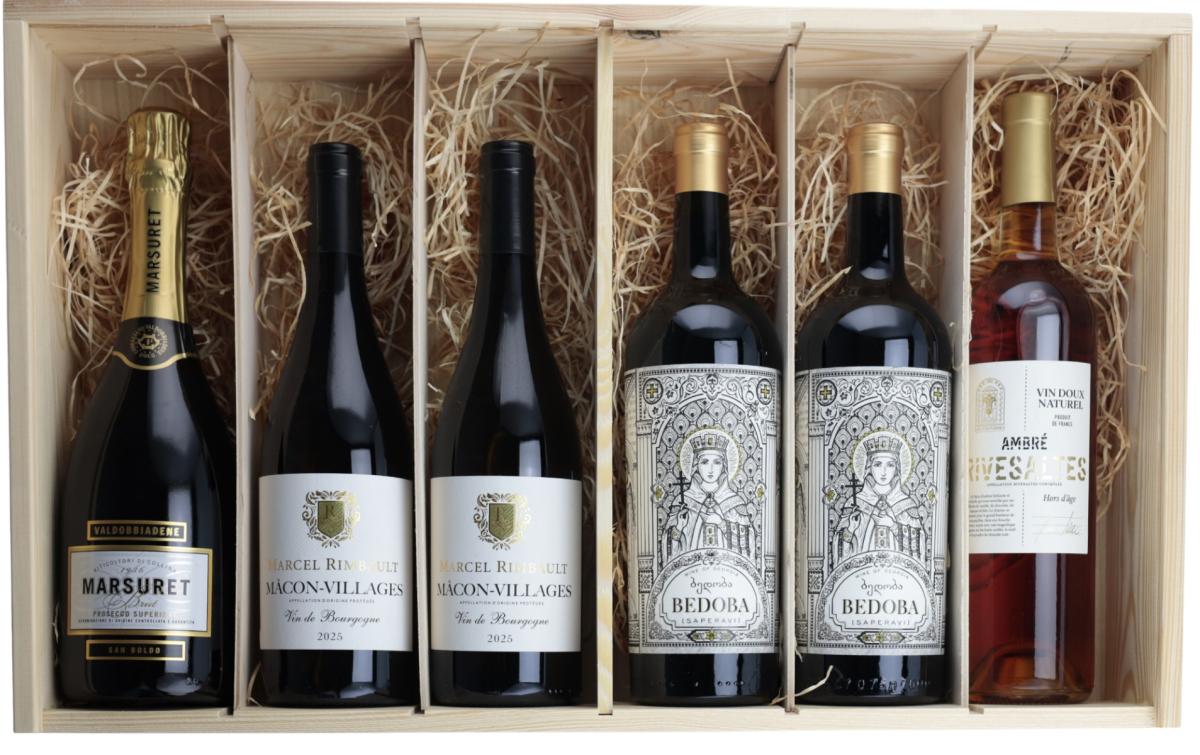 Houten kist,  Geschenkkist 'Luxe Dinerbox' inh. 6 flessen wijn